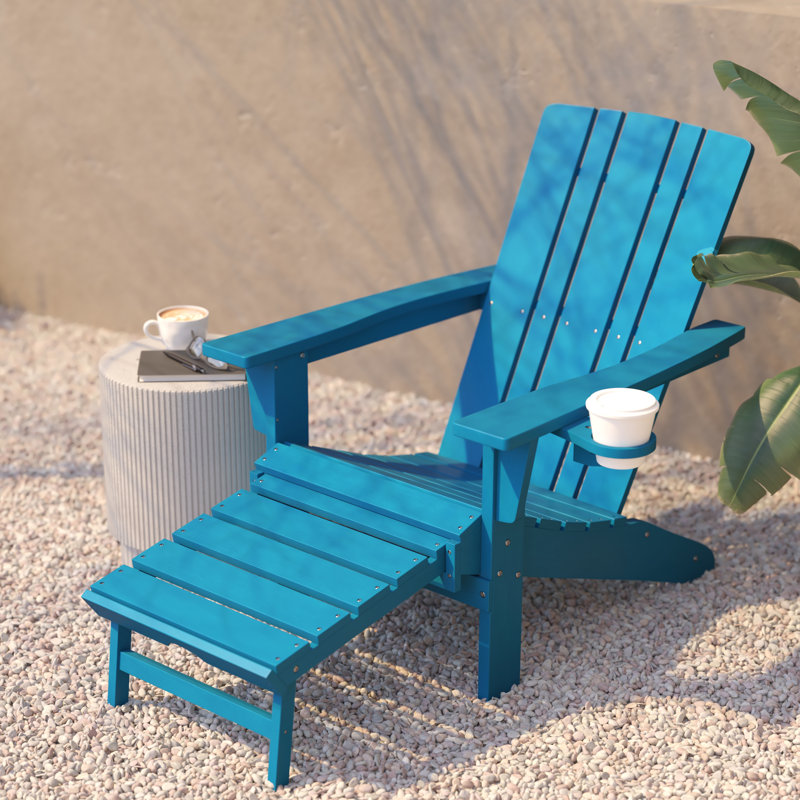Avir Commercial All-Weather Adirondack Chair with Pullout Ottoman & Cupholder, Blue