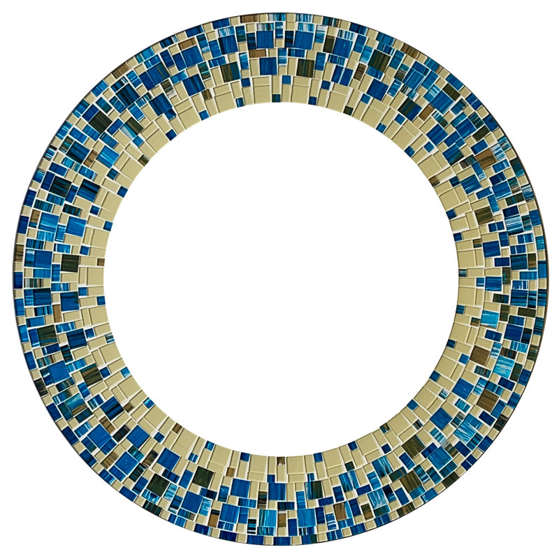 Zorigs Mosaic Mirror, Wall Art Décor – Handcrafted Decorative Wall Mirror, Beige and Blue Mosaic Mirror, 24” Frame, 15" Round Mirror for Hallway, Bedroom, Bathroom, Living Room