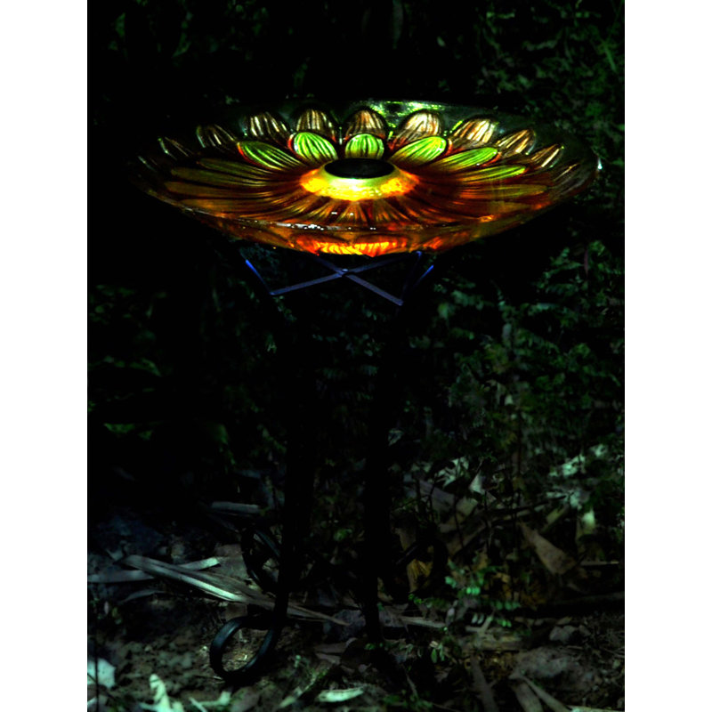 Solar Floral Glass Bird Bath with Metal Stand