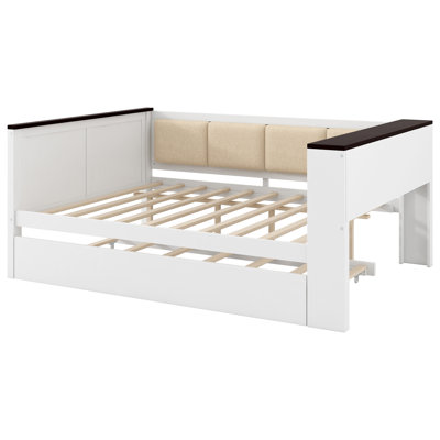 Twin Size Wood Daybed with Storage Shelves, Upholstered Backrest, USB and Trundle, White by One Allium Way