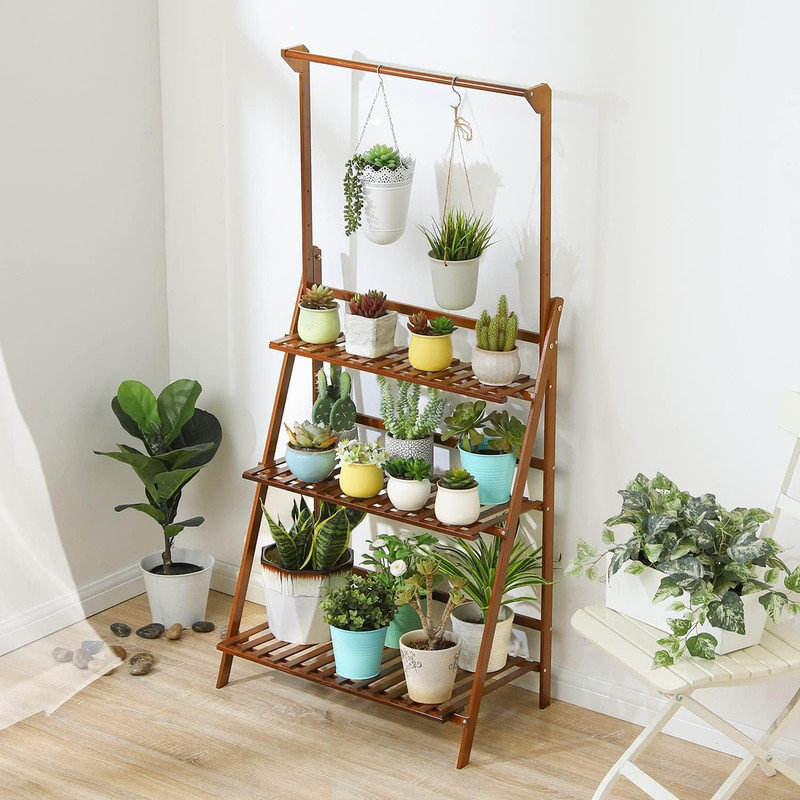 Support à plante pliable en bambou à 3 niveaux avec tringle - Présentoir polyvalent pour plantes et décorations, Brun