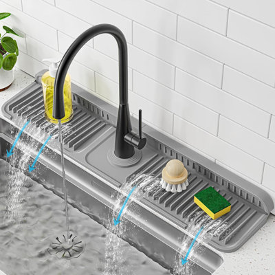 24 Inch Faucet Mat For Kitchen Sink Splash Guard, 7° Slope Silicone Sink Water Splash Guard For Kitchen Sink Area With Snap Button, Longer Sink Protec