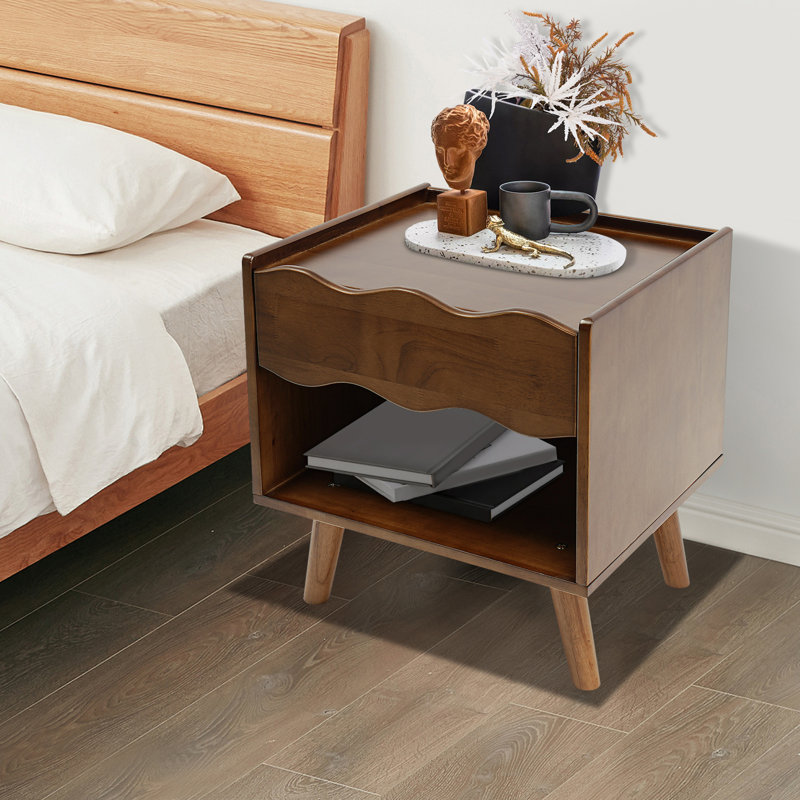 Table de chevet en bois avec tiroir et tablette ouverte
