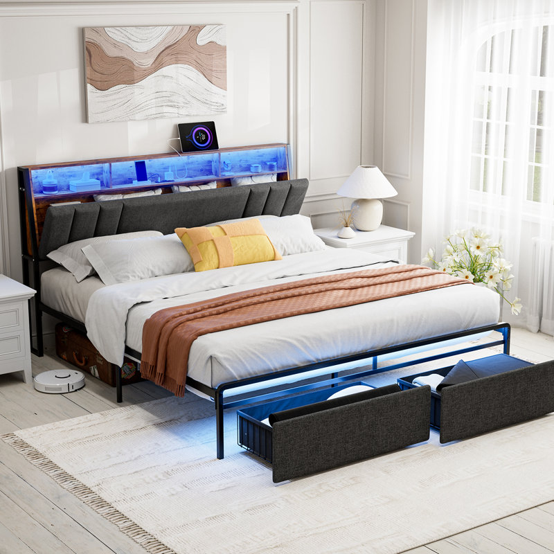 Ivy Bronx Bed Frames With Dustproof Storage Drawer, Ergonomic Hidden Storage Headboard With Charging Station, Upholstered Led Platform Bed, No Box Spring Needed, Easy Assembly