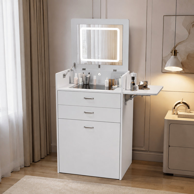Multifunctional Vanity Desk with LED Lighted Mirror & Rolling Storage Stool, 3-in-1 Convertible Dressing Table/Nightstand/Office Desk for Bedroom