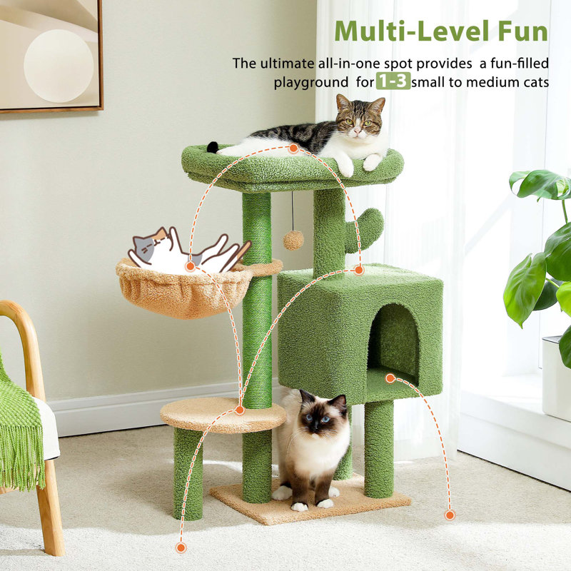 Tour pour arbre à chat avec poteau à griffer en sisal, condo, grand perchoir supérieur, hamac et 2 balles suspendues, Vert