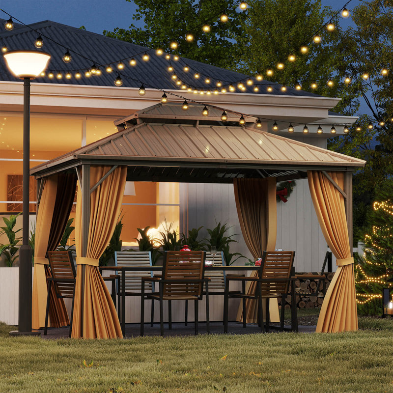 Hardtop Gazebo with  Netting Heavy-Duty Double-Roof Galvanized Metal Top, 111.6" H x 144" W x 120" D