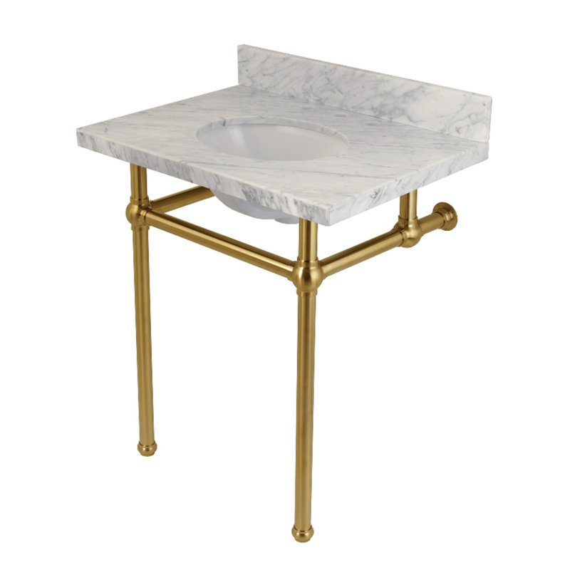 Kingston Brass Templeton 30-Inch Vanity Top with Brass Legs (8-Inch, 3-Hole), Carrara Marble/Satin Brass