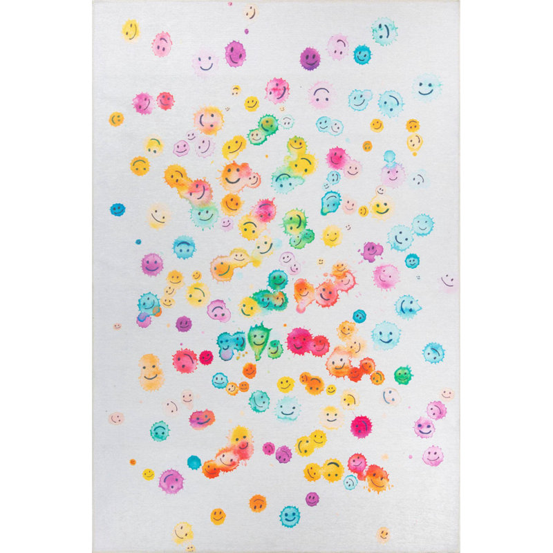 Colorful Smiley Faces Kids Woven Base Decorative Carpet, Round 6'11"