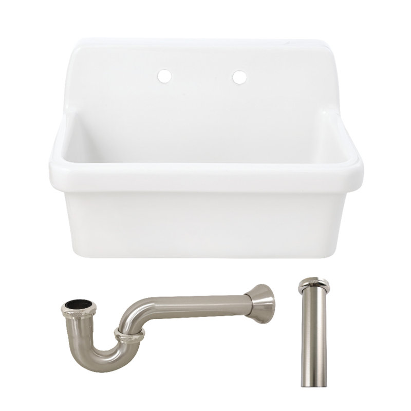 Kingston Brass Doriteal 30" Ceramic Single Bowl Wall Mount Kitchen Sink With Strainer, Brushed Nickel