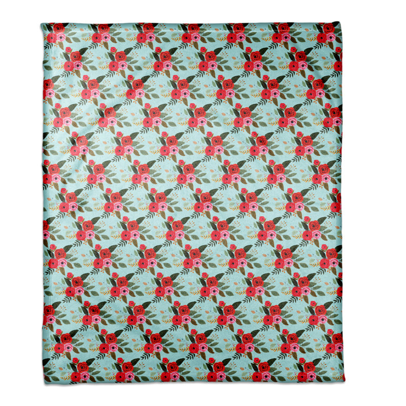 Jeté polaire rouge à motif floral, Bleu