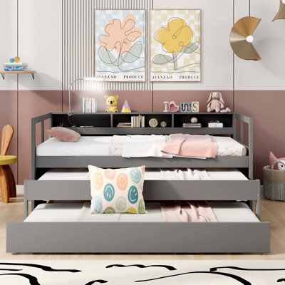 Twin XL Wood Daybed With 2 Trundles, 3 Storage Cubbies, Built-In Light And USB Charging, Gray