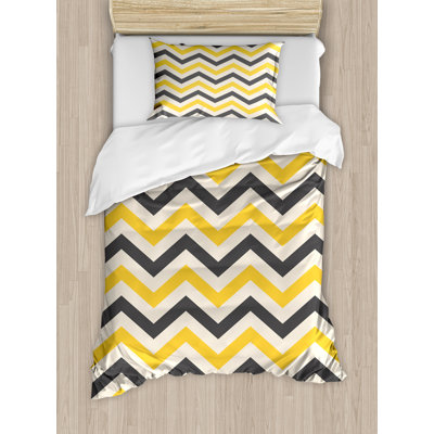 Ambesonne Yellow Chevron Duvet Cover Set, Large Zigzags, Twin, Charcoal Grey Yellow -  nev_39861_twin