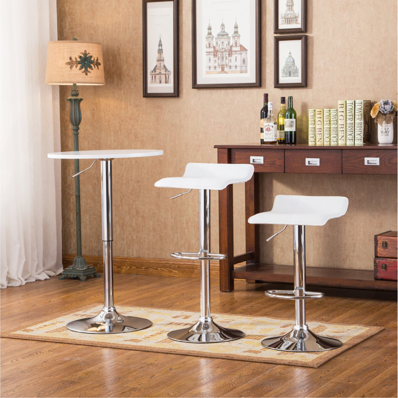 Ensemble de table de bar en bois et métal chromé blanc à hauteur réglable et 2 tabourets pivotants réglables en chrome