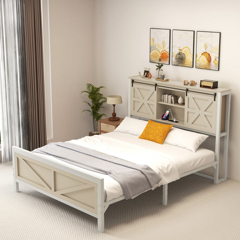 Farmhouse Platform Storage Bed with Bookcase Headboard and Built-In Charging Station, Queen, Brown
