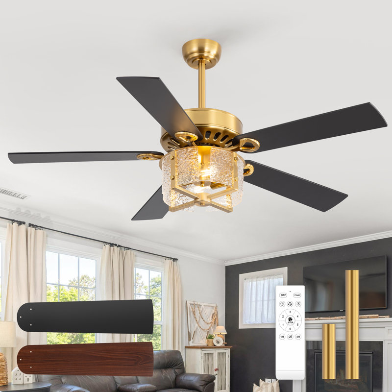 52 Inch Ceiling Fan With Light, Ceiling Fan With 5 Blades, Hammered Glass Shade, Remote Control, Reversible Motor For Living Room Bedroom Dining Room