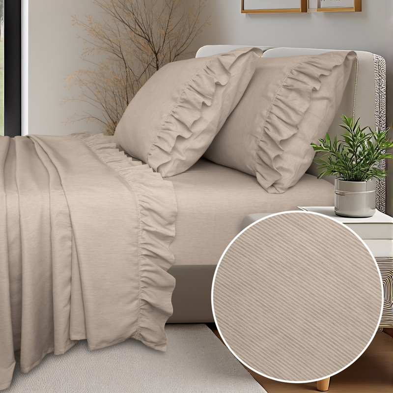 Shabby Chic Printed Pin Stripe Sheet Set, Twin, Taupe