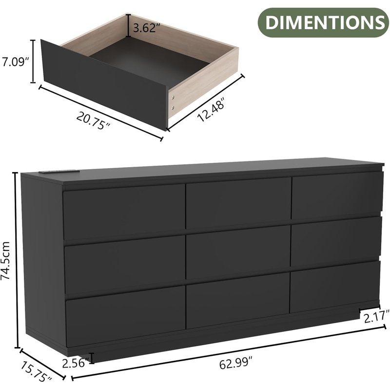 how long is a triple dresser 9 Drawer Triple Dresser for Bedroom, 63" Dresser TV Stand for TVs up to  75",Wide Chest of Drawers,Large Storage Long Dressers Organizer with  Vintage