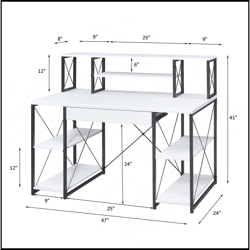 Writing Desk With One Drawer And 8 Open Compartment, White/Black
