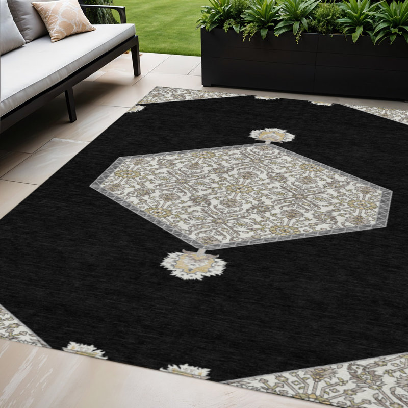 Tapis d'intérieur lavable extérieur gris et ivoire 5 pi x 8 pi noir