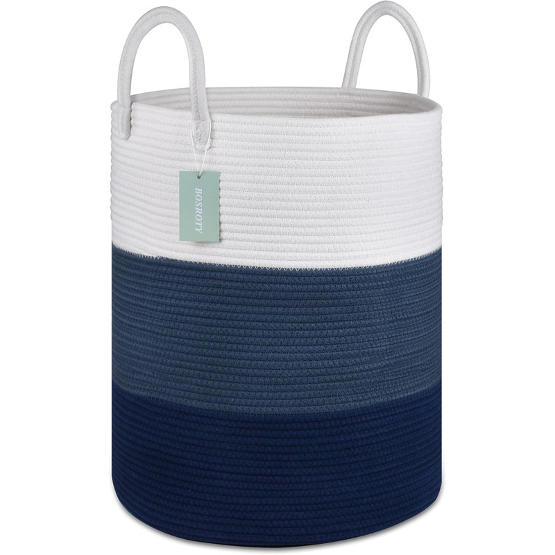 Laundry Basket with Handles, White/Cadet Blue/Navy Blue