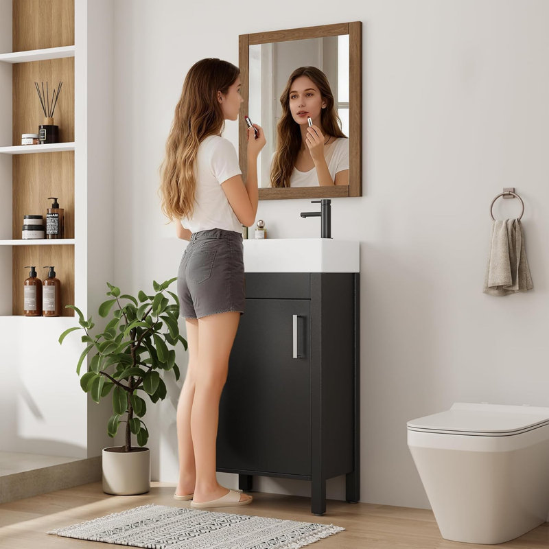 16" Bathroom Vanity with Sink, Freestanding Wooden Bathroom Vanity Cabinet with Soft-Closing Door and Metal Handle, Modern Floor Standing Storage for Small Spaces，Black
