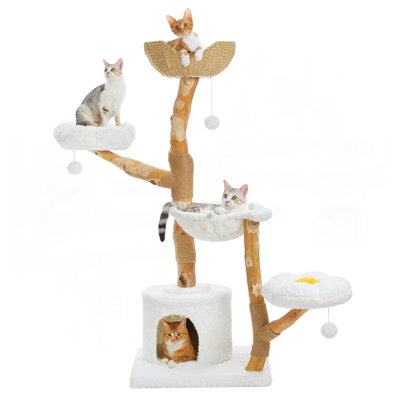 59-Inch Modern Luxury Wood Cat Tree Tower, Natural Wood, Condo& Hammock, Flower Design For Indoor Cats