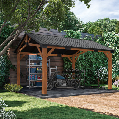 14' X 12' Outdoor Metal Roof Gazebo With Wooden Frame, Hardtop Gazebo,  Resistant Sloping Steel Roof