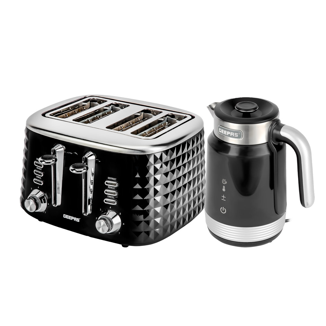 GEEPAS Smart Stainless-Steel Kettle, 1.7L & Slice Bread Toaster Combo Set | WiFi Internet Kettle, Voice Control Google & Alexa| Digital Temperature Di