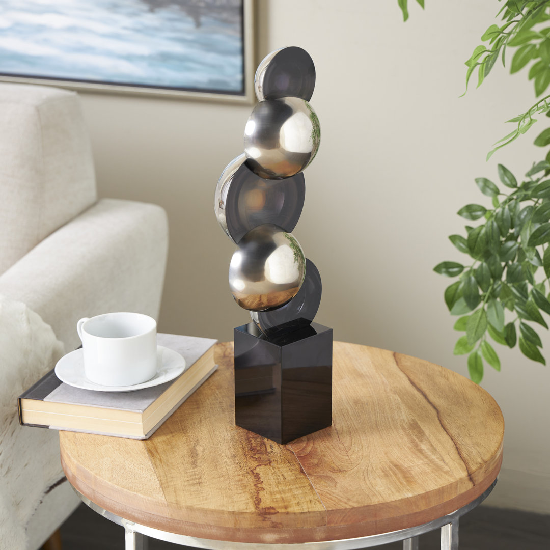 Bretney Glass Stacked Orb Abstract Decorative Silver Sculpture with Black Base Brayden Studio®