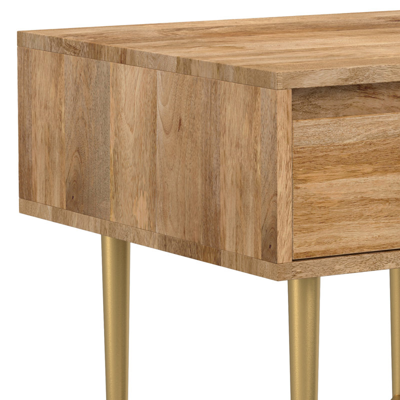 Natural Mango Wood Square End Table with Gold Metal Legs and Drawer