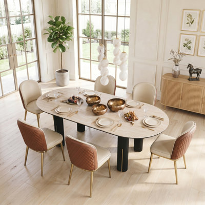 71" Modern Oval Sintered Stone Dining Table Set With 6 Chairs,Dining Set For Kitchen & Living Room