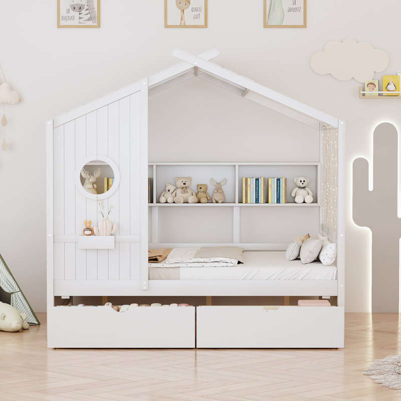 Lit double en bois pleine grandeur, blanc, avec tiroirs et tablette, un espace de jeu confortable pour le lit blanc et 2 espaces de rangement créant un environnement amusant