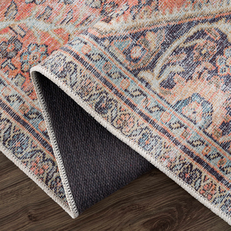 Tapis oriental rectangulaire en polyester tissé à la machine en terre cuite, Tapis de couloir 2 pi 7 po x 7 pi 3 po