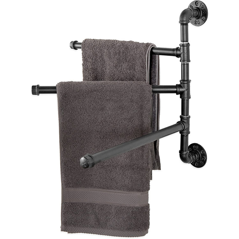 Industrial Black Metal 3-Arm Swivel Wall Towel Rack