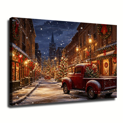 Snowy Winter Town Street With Red Vintage Pickup Truck Carrying Christmas Tree Canvas Wall Art
