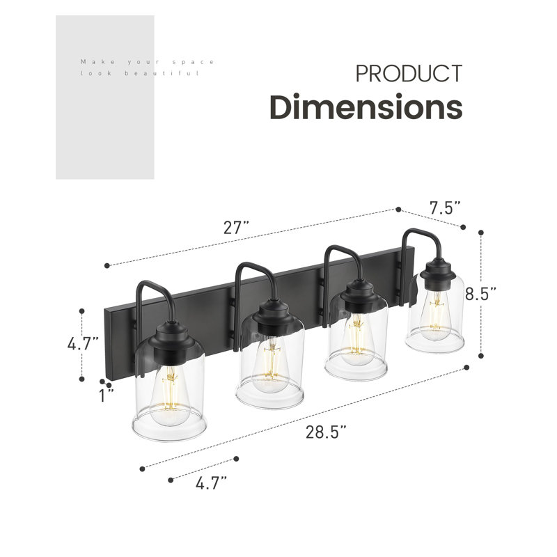 Éclairage de salle de bain 4 lumières à intensité variable noir avec abat-jour en verre transparent, Noir mat