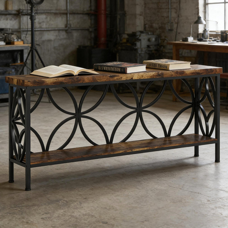 Table basse, canapé industriel, console à 2 niveaux, Noir, Brun rustique