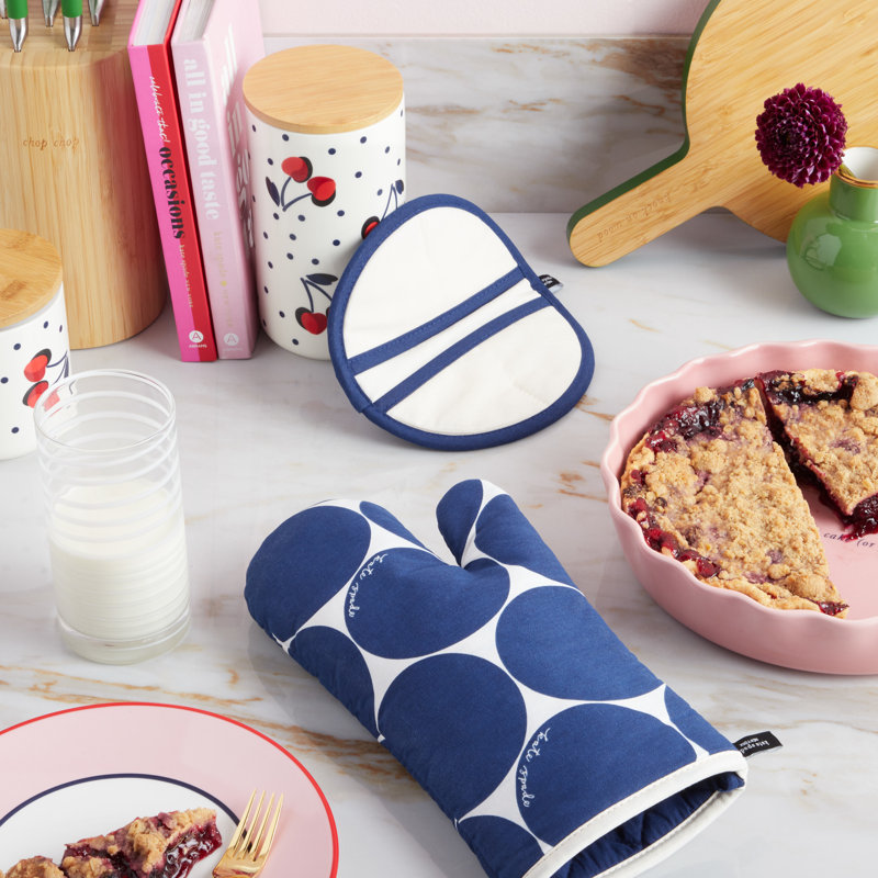 Kate Spade New York Oven Mitt & Pot Grabber 2 Piece Set, Heat Resistant 100% Cotton, Navy Blue/Cream