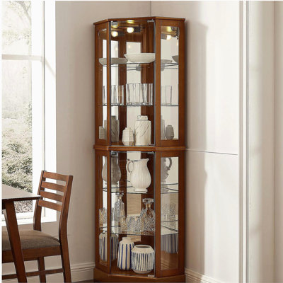 6 Shelf Corner Curio Display Cabinet with Lights, Mirrors and Adjustable Shelves, Walnut(E26 light bulb not included)
