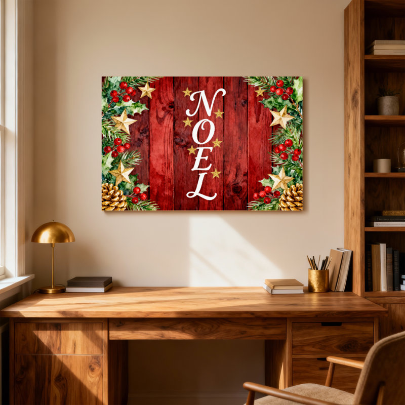 Planches de bois rouges de Noël avec verdure et étoiles de Noël, H 28 po x l 40 po