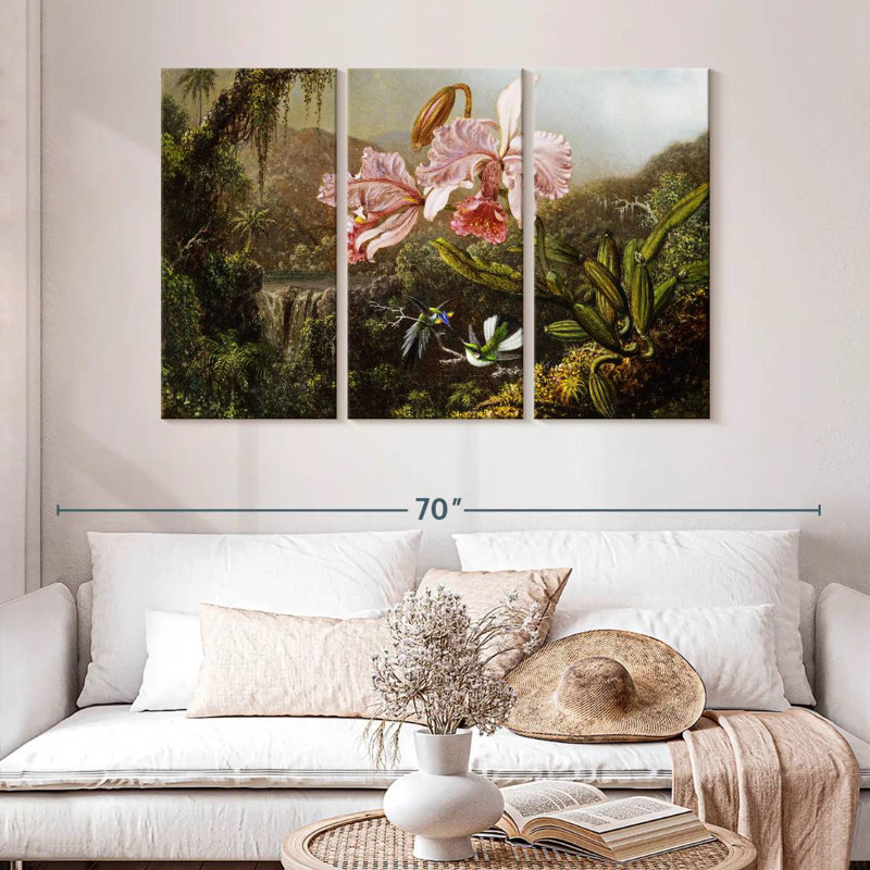 Orchidées Harnek et colibris dans la jungle brésilienne, H 32 po x l 50 po