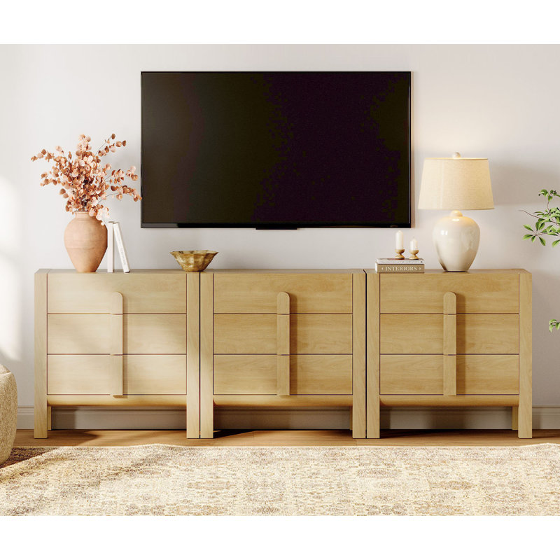 94.5" Mid-Century Modern TV Stand, 3-In-1 Dresser With 9 Drawers, Wooden TV Console With Storage For Living Room,Bedroom, Oak