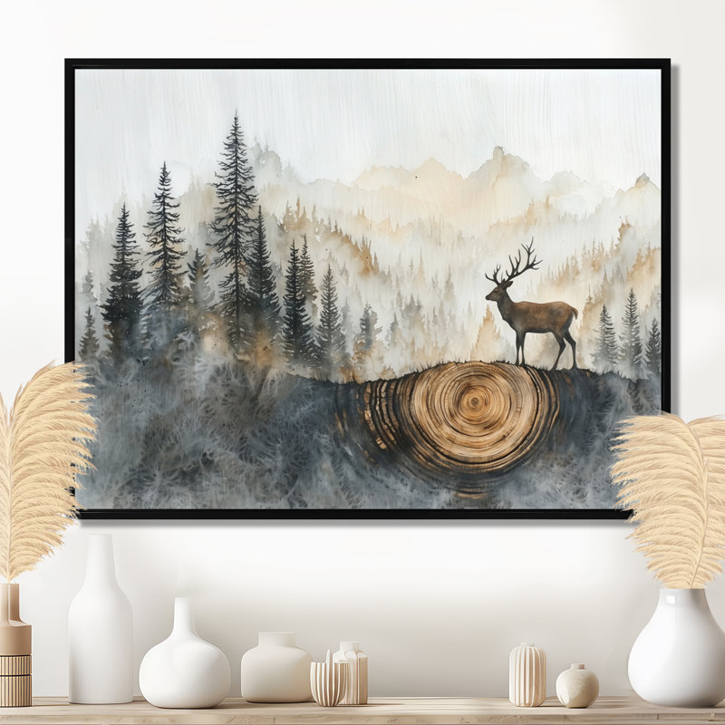 «Deer In Wooden Forest Landscape III», art mural cerf pour le salon, H 30 po x l 40 po, Cadre flottant, Noir