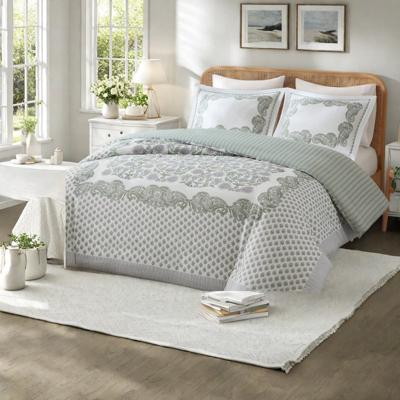 Ensemble de literie pour très grand lit vert, mélange de coton, chambre à coucher à motif floral rétro