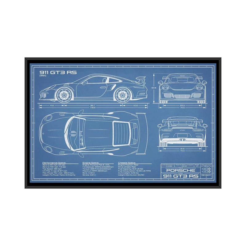 Porsche 911 GT3 RS (991) Blueprint-impression de dessin, Pas de tapis, H 18 po x l 26 po x P 1,5 po, Toile avec cadre noir