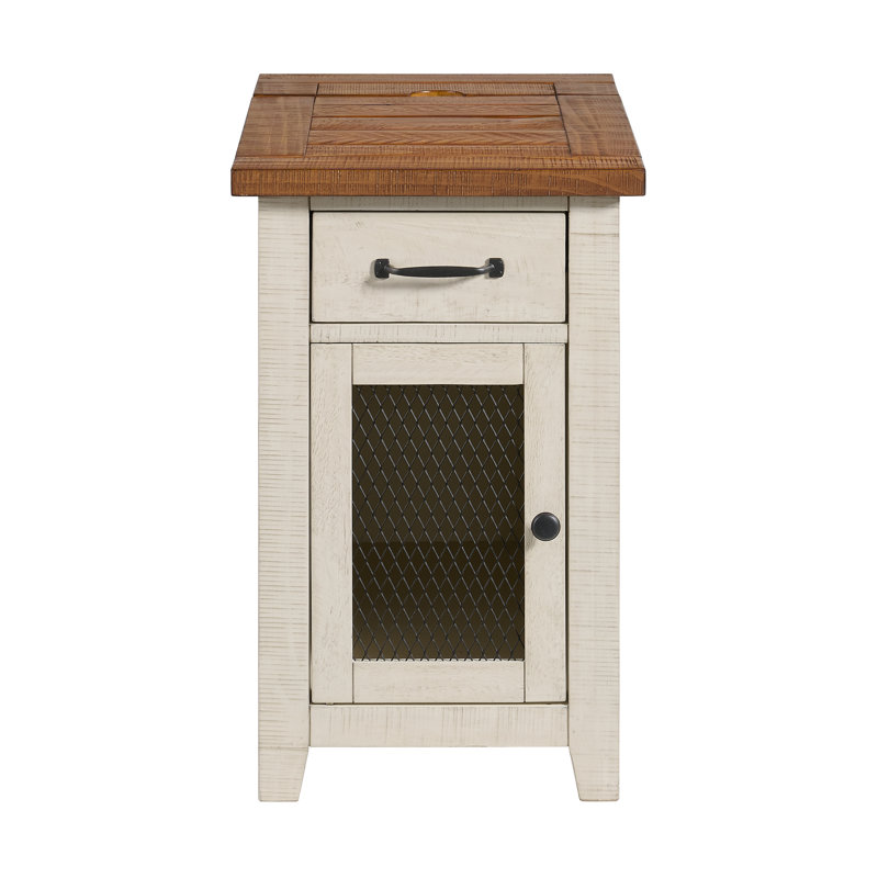 Jakendra Solid Wood End Table with Storage and Built-In Outlets, Honey Top/White Base