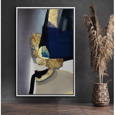 «Mid Century Shape» feuille d'or et aquarelle bleue, formes abstraites, art moderne, alternatif foncé, impression sur toile