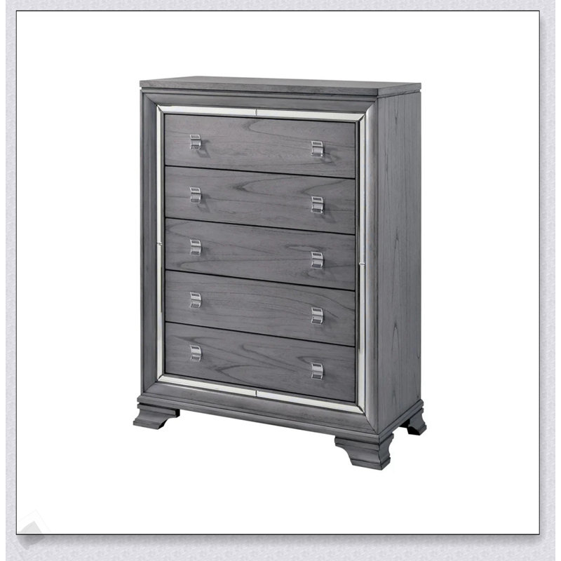 Commode 1 pièce de style contemporain avec cinq tiroirs à queue d'aronde anglaise, glissières à roulement à billes, garniture de miroir et finition gris clair