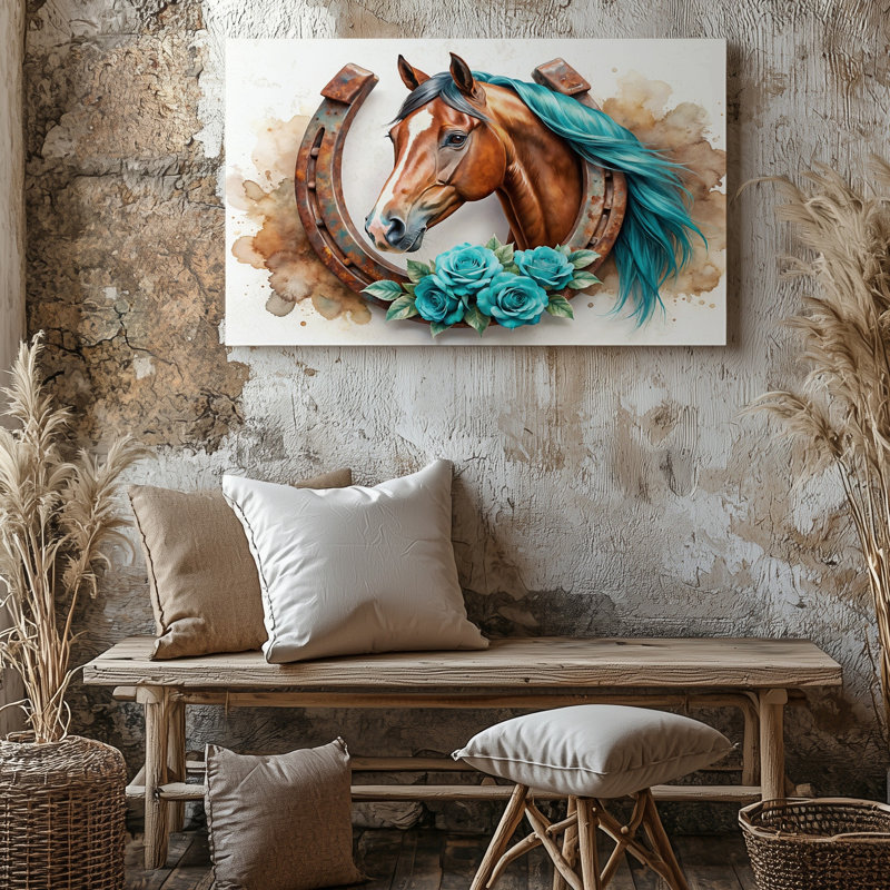 Impression sur toile brune cheval brun avec fer à cheval et crinière bleue, 30 x 40 in